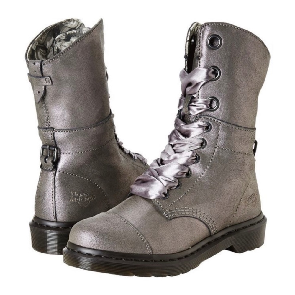 Dr Doc Martens Aimilie Pewter Metallic Women's Fold Over Combat Boots 8